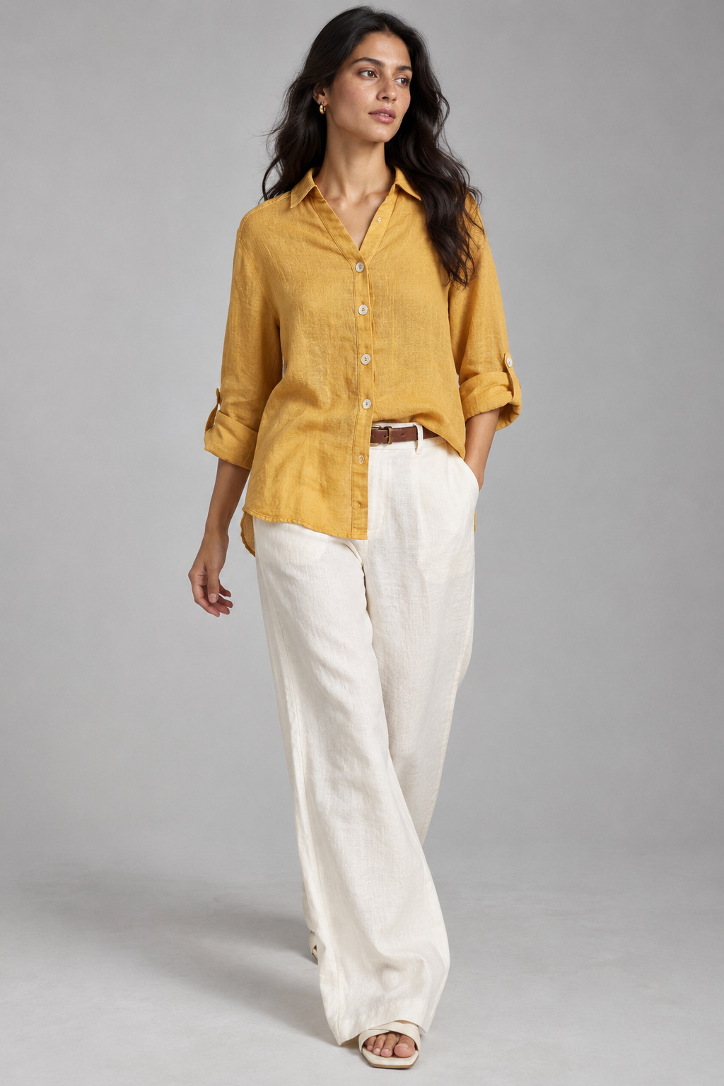 Mustard Yellow Button-Down Linen Shirt for Women view 5