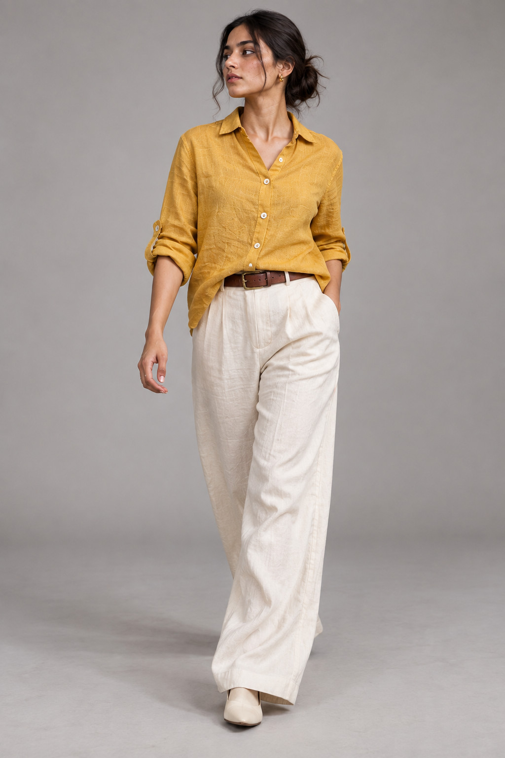 Mustard Yellow Button-Down Linen Shirt for Women view 6