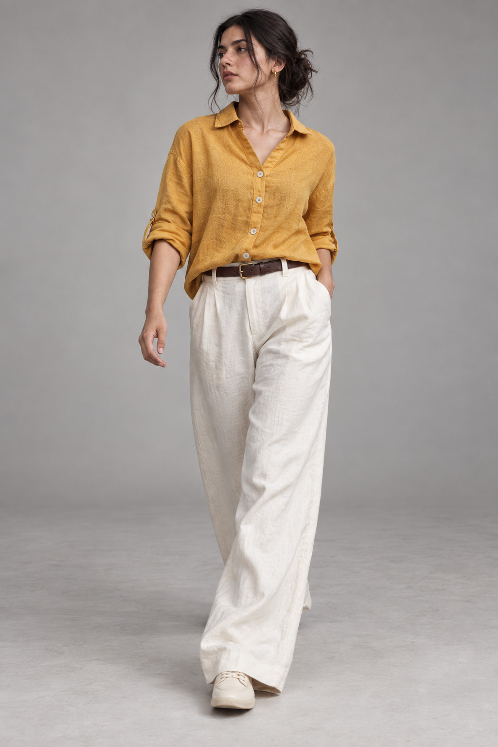 Mustard Yellow Button-Down Linen Shirt for Women view 7