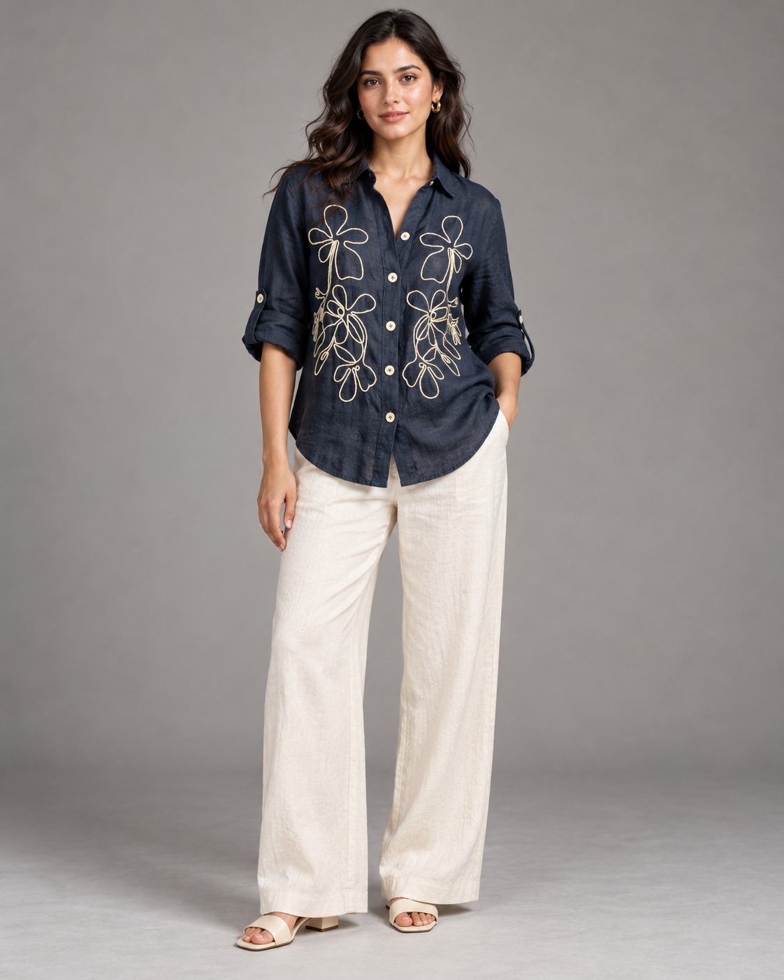 Navy Blue Outline Embroidered Linen Shirt for Women