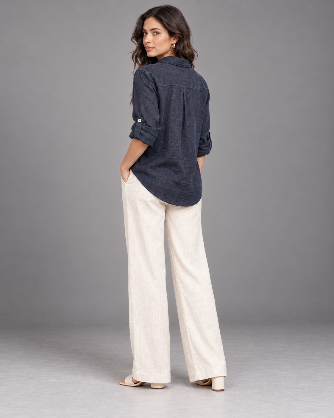 Navy Blue Outline Embroidered Linen Shirt for Women view 2