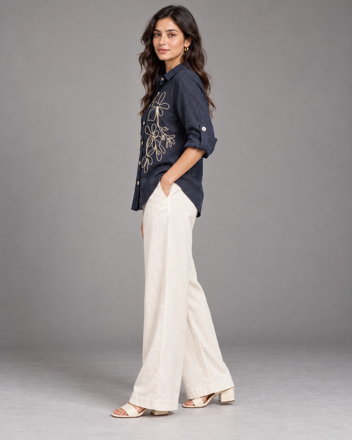 Navy Blue Outline Embroidered Linen Shirt for Women view 3