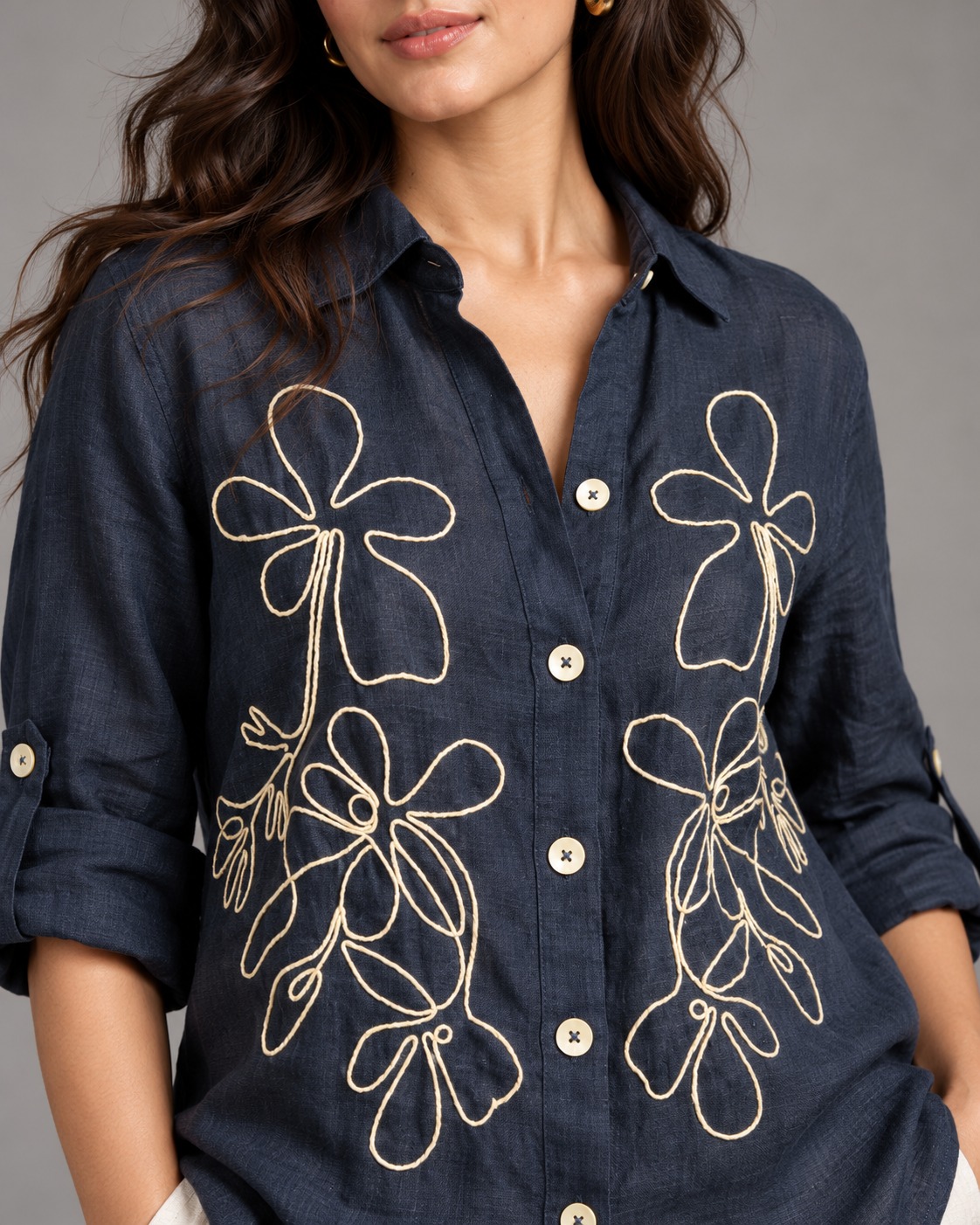 Navy Blue Outline Embroidered Linen Shirt for Women view 4