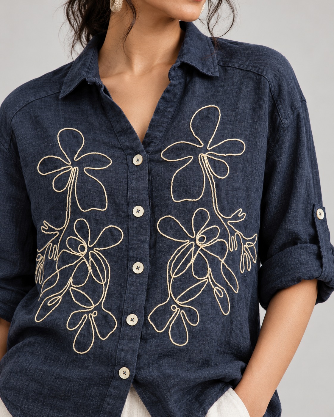 Navy Blue Outline Embroidered Linen Shirt for Women view 5