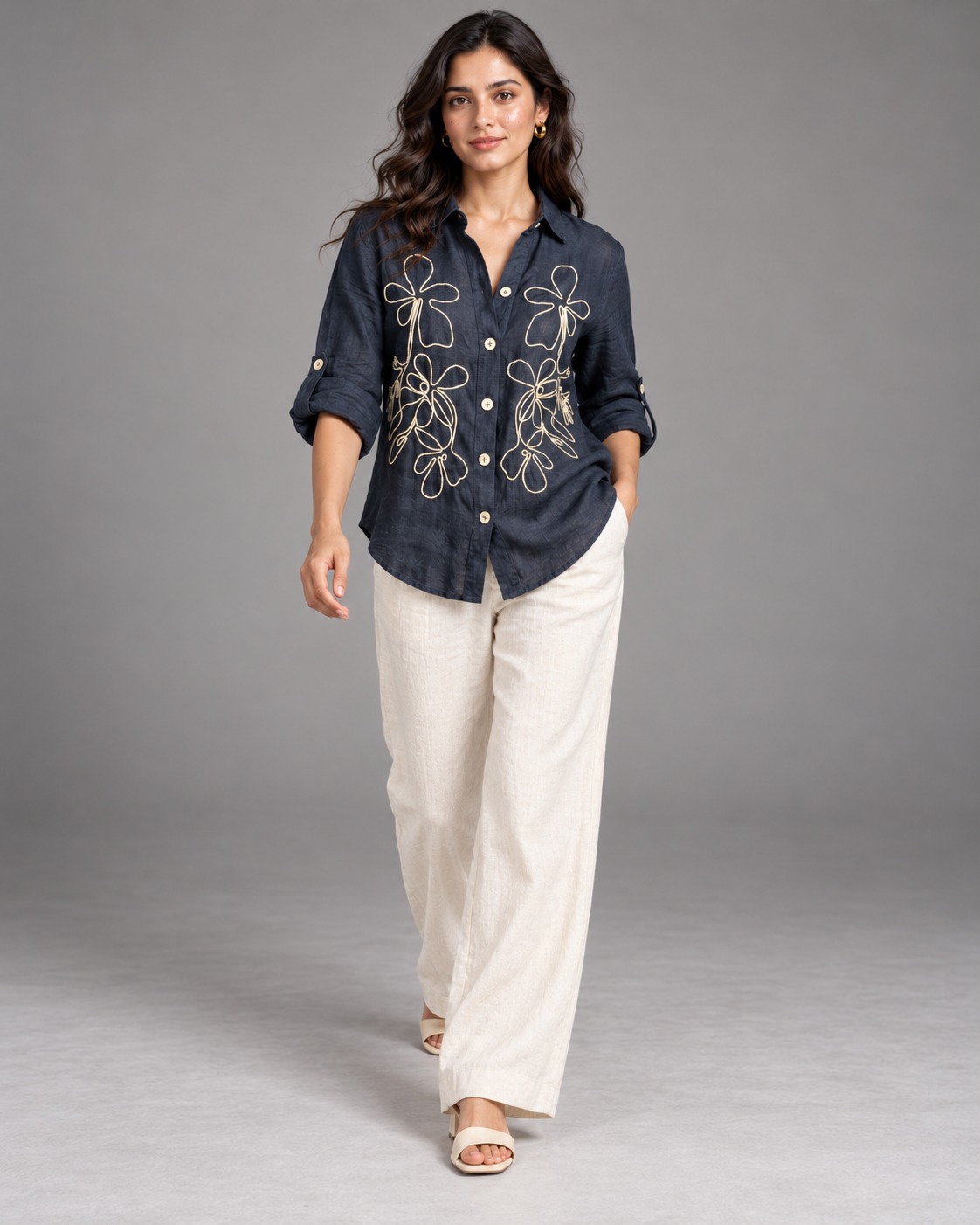 Navy Blue Outline Embroidered Linen Shirt for Women view 6