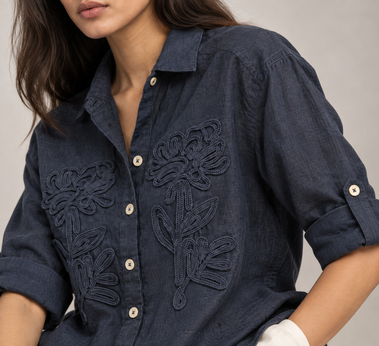 Navy Blue Tonal Embroidered Linen Shirt for Women view 3