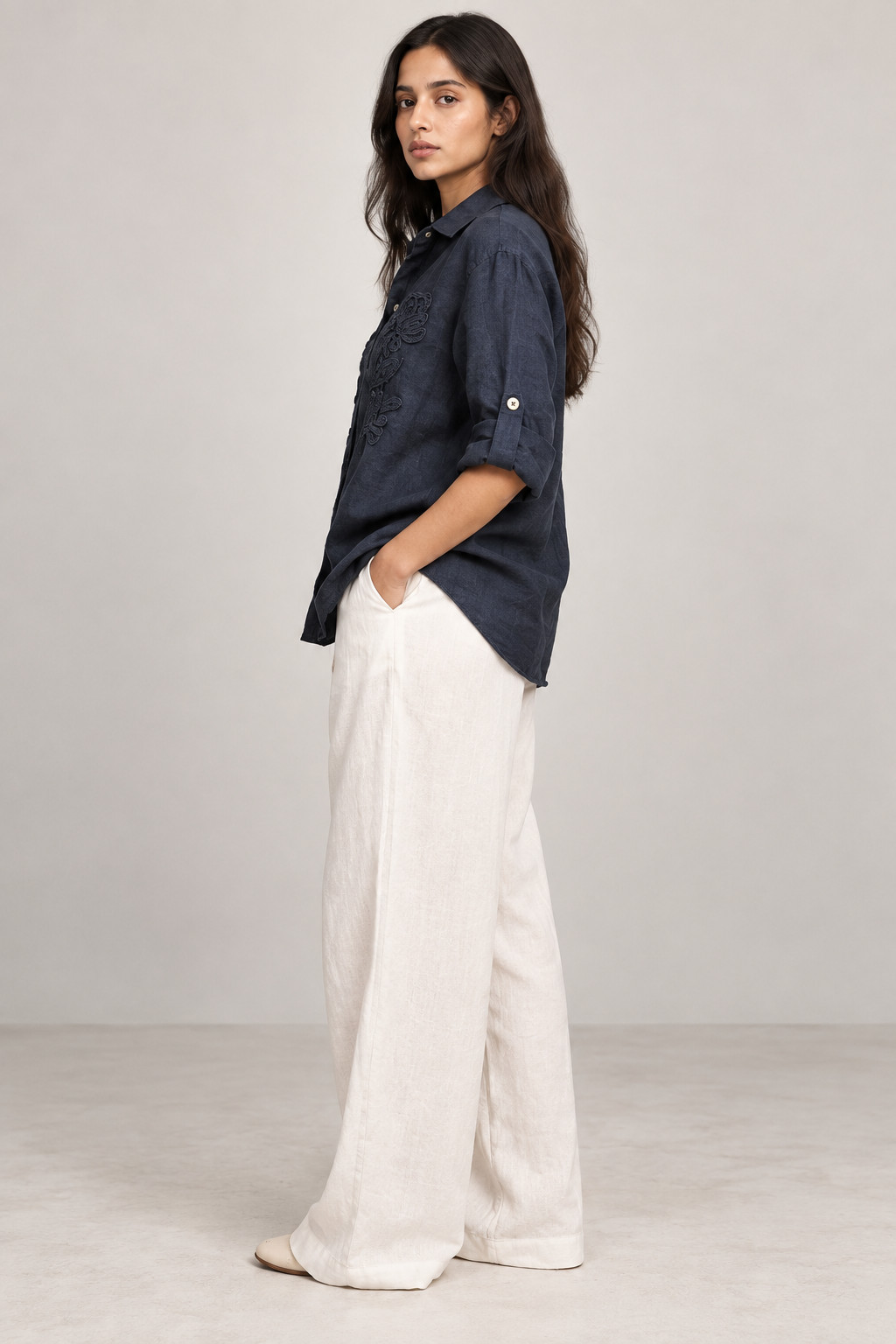 Navy Blue Tonal Embroidered Linen Shirt for Women view 2