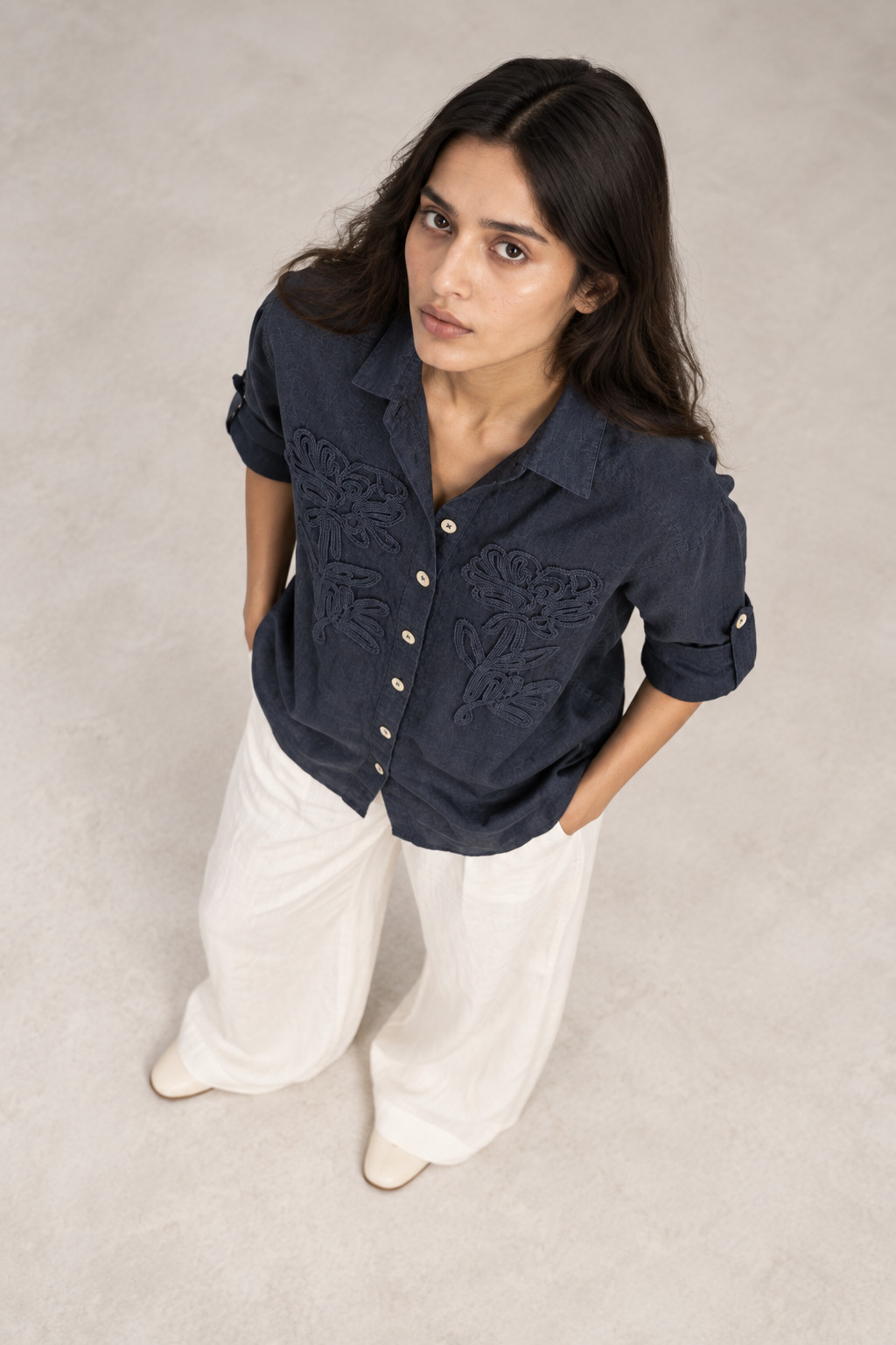 Navy Blue Tonal Embroidered Linen Shirt for Women view 4