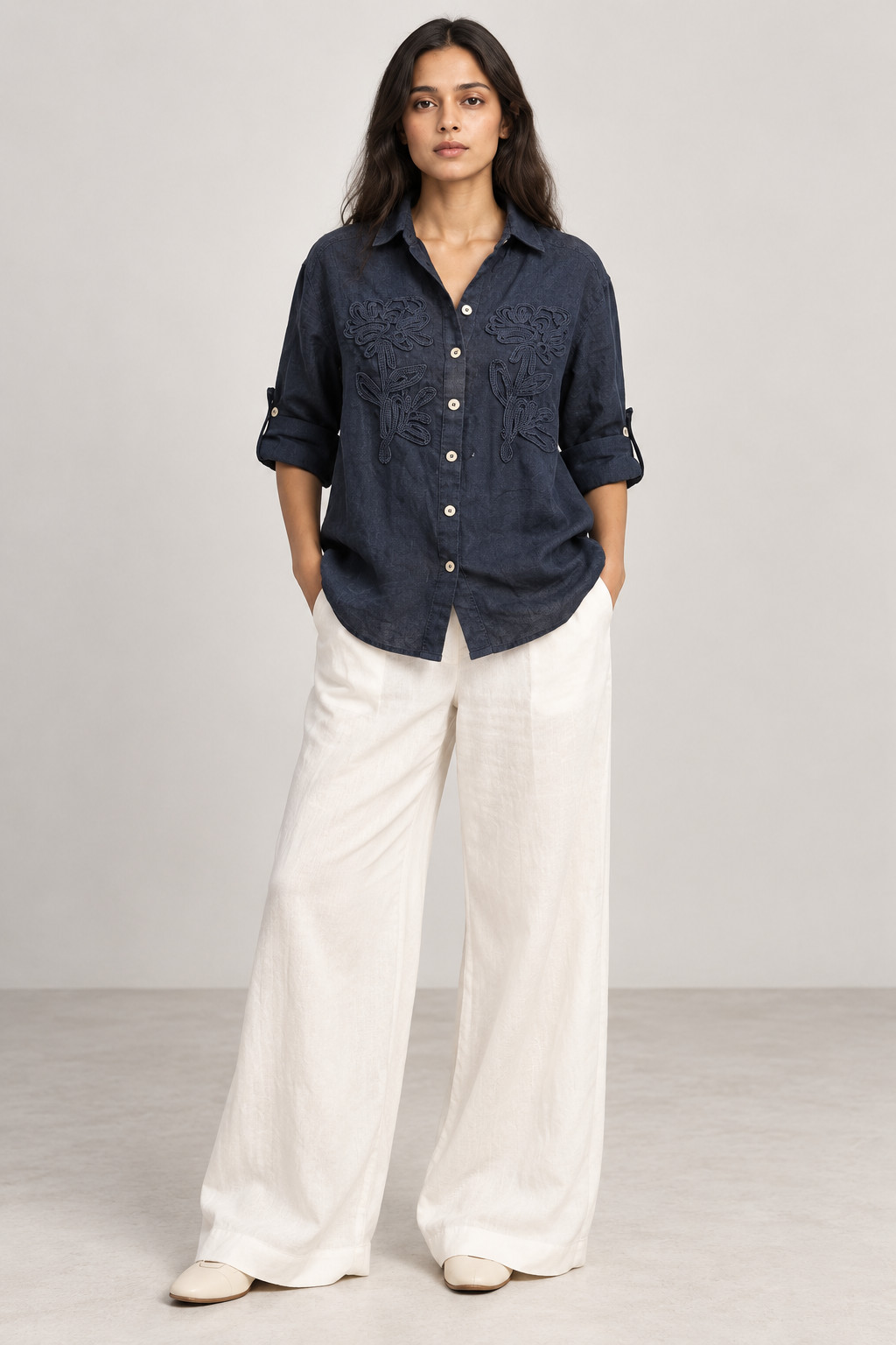 Navy Blue Tonal Embroidered Linen Shirt for Women