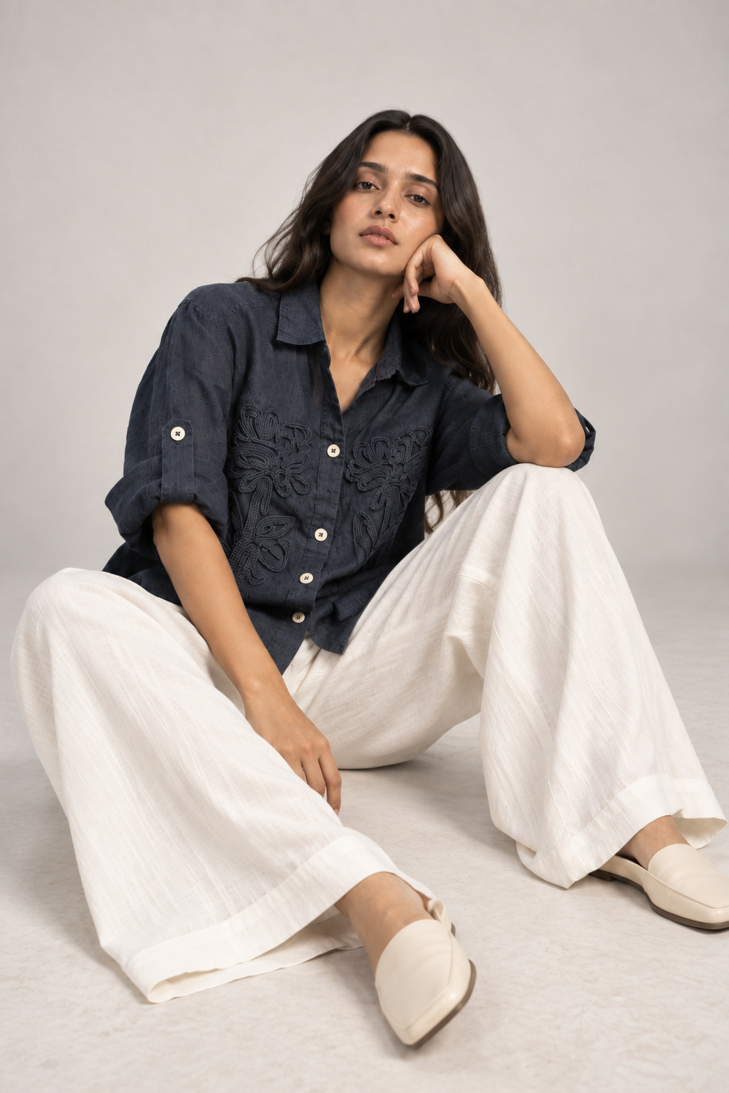 Navy Blue Tonal Embroidered Linen Shirt for Women view 5
