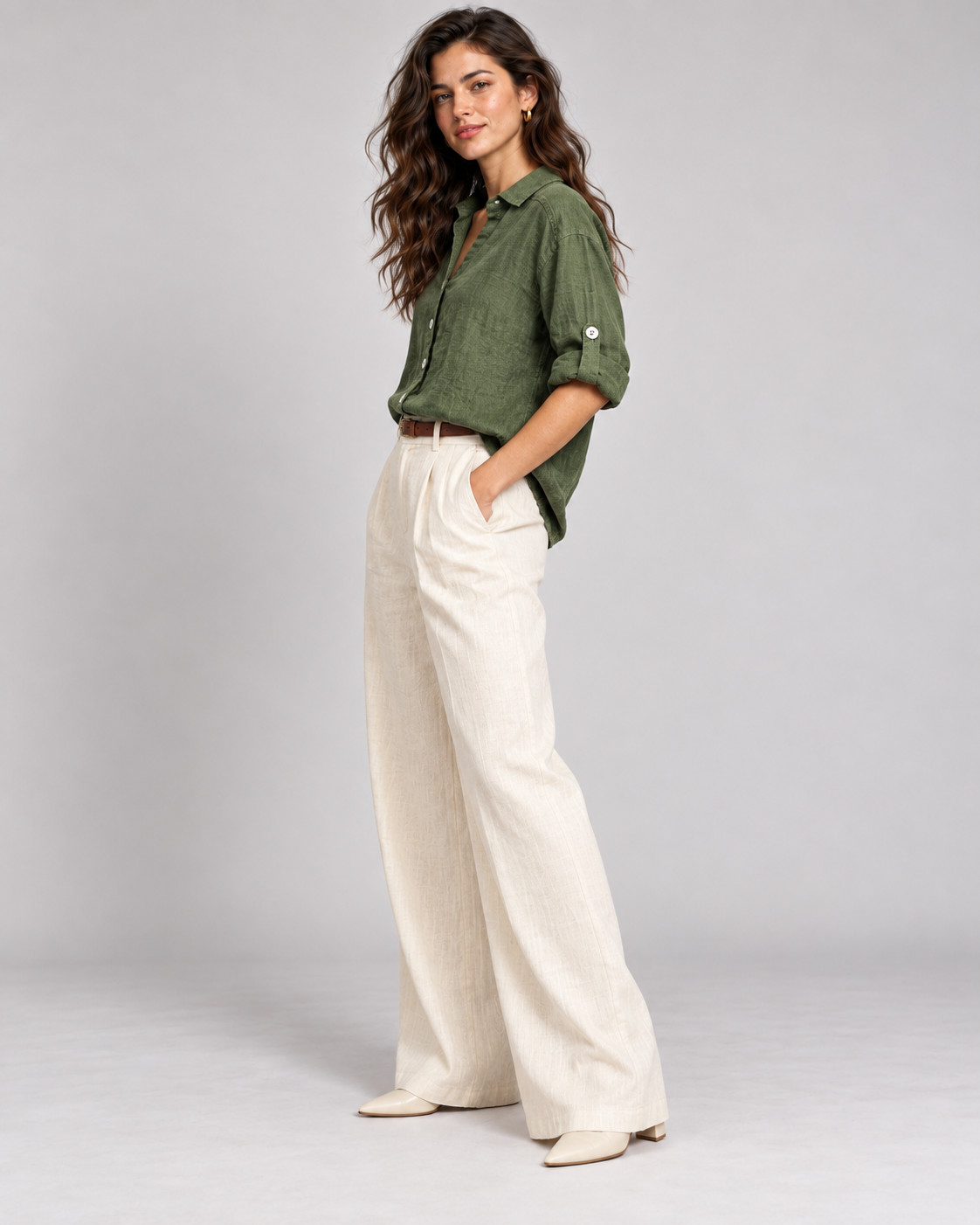 Olive Green Oversized Linen Shirt for Women view 2