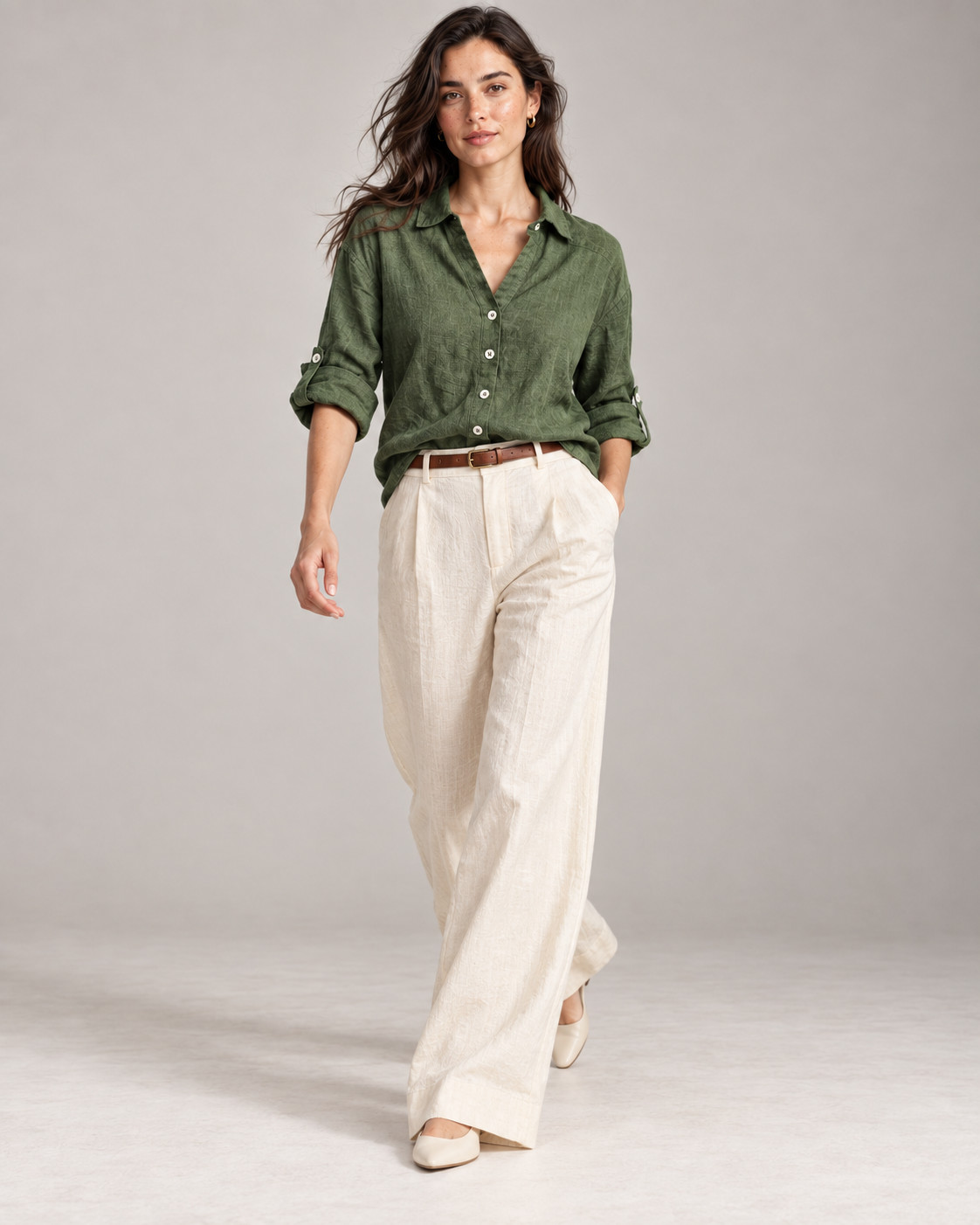 Olive Green Oversized Linen Shirt for Women view 4