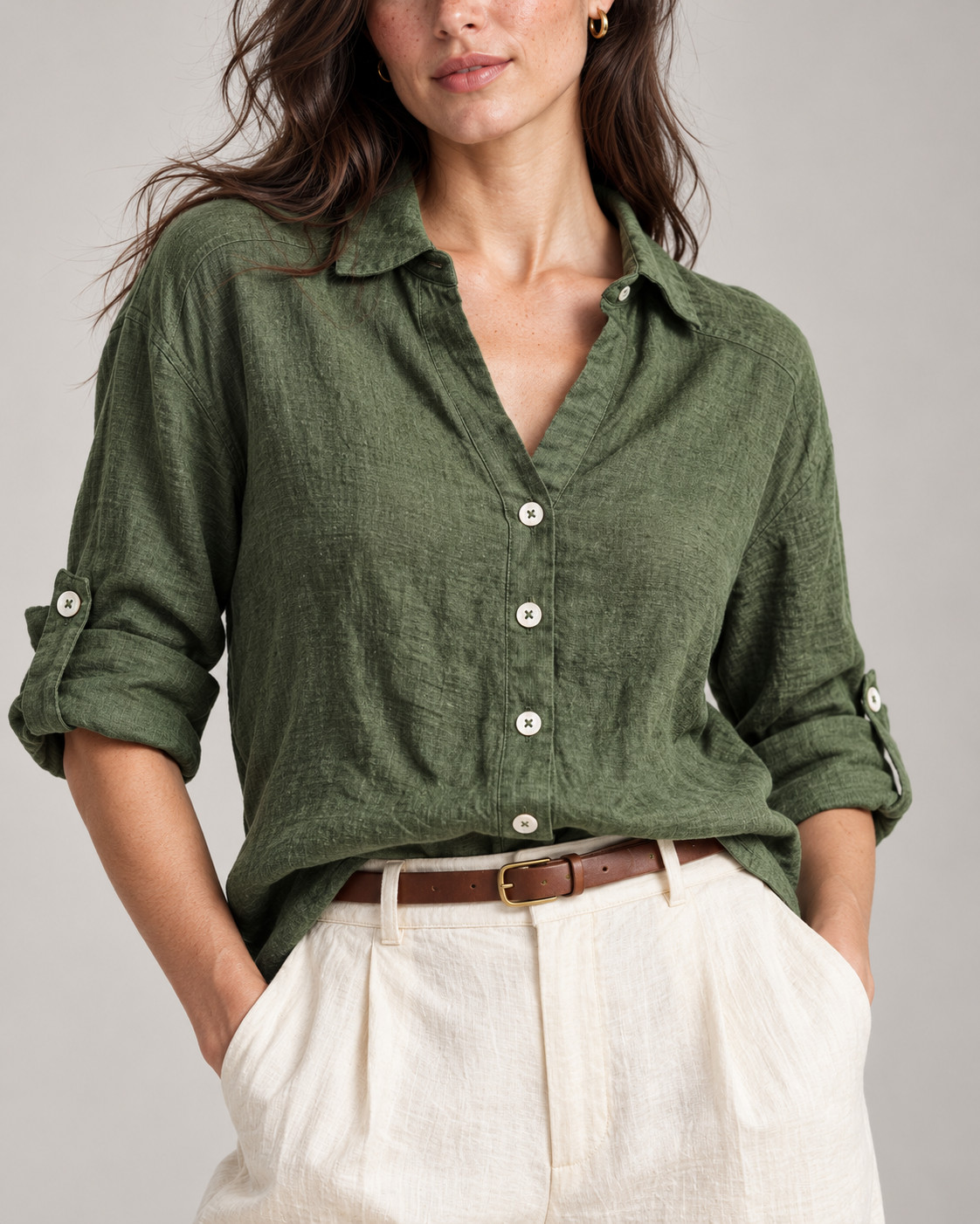 Olive Green Oversized Linen Shirt for Women view 5