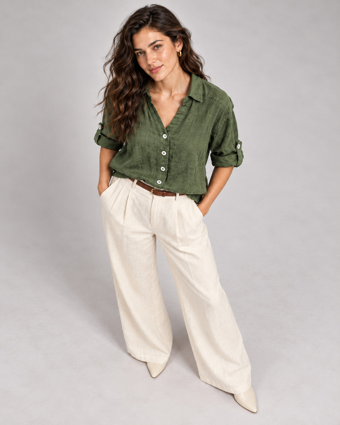 Olive Green Oversized Linen Shirt for Women view 6