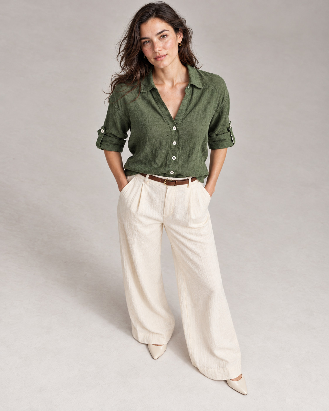 Olive Green Oversized Linen Shirt for Women view 7