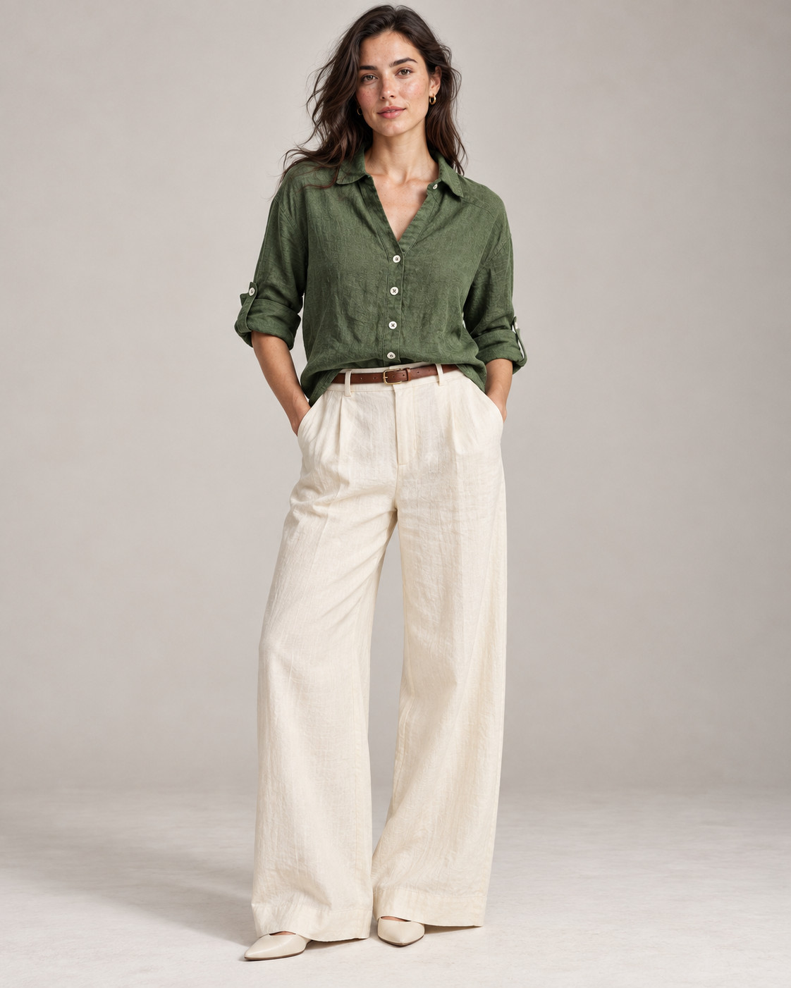 Olive Green Oversized Linen Shirt for Women view 8