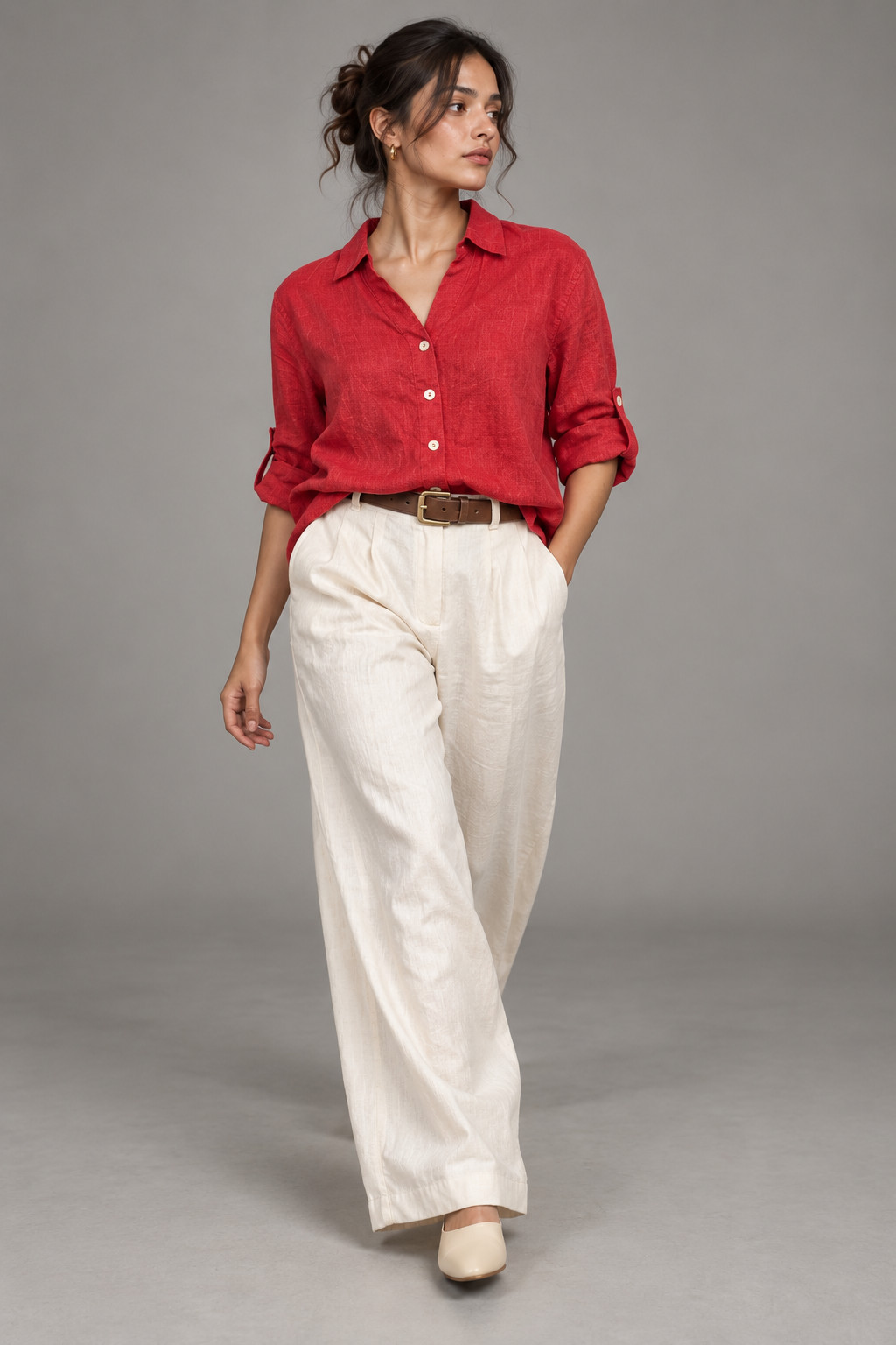 Red Button-Down Linen Shirt for Women view 2