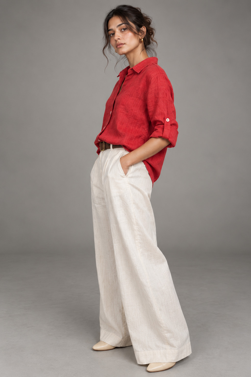 Red Button-Down Linen Shirt for Women view 4