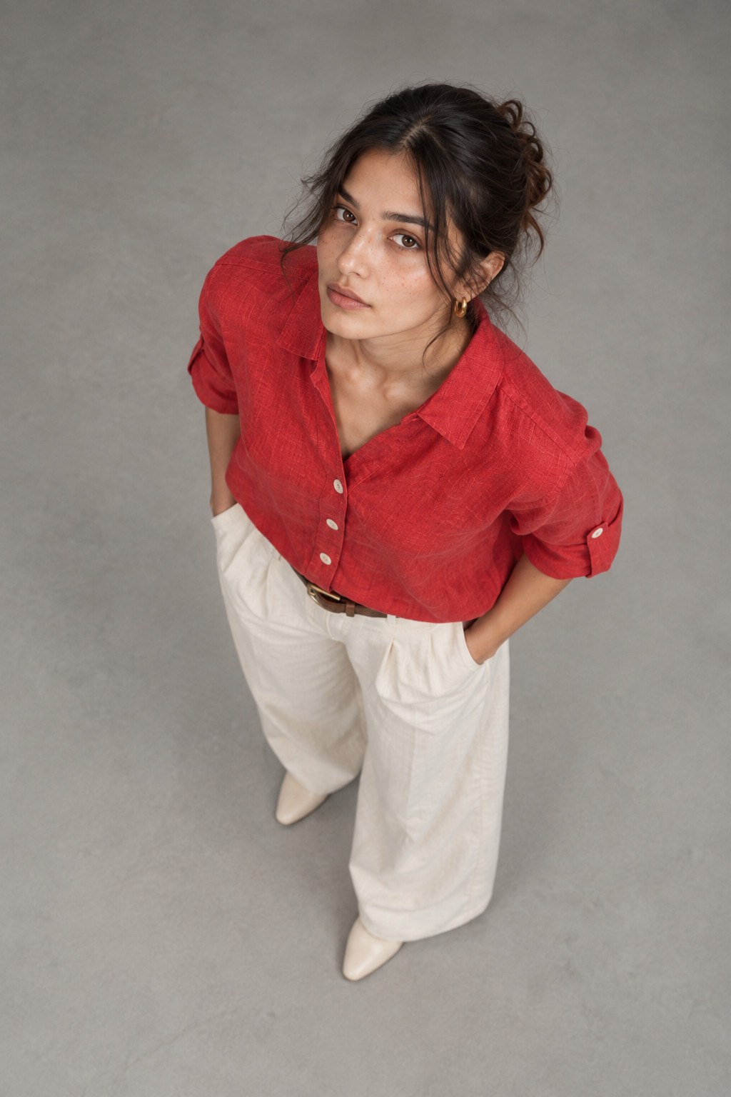 Red Button-Down Linen Shirt for Women view 5
