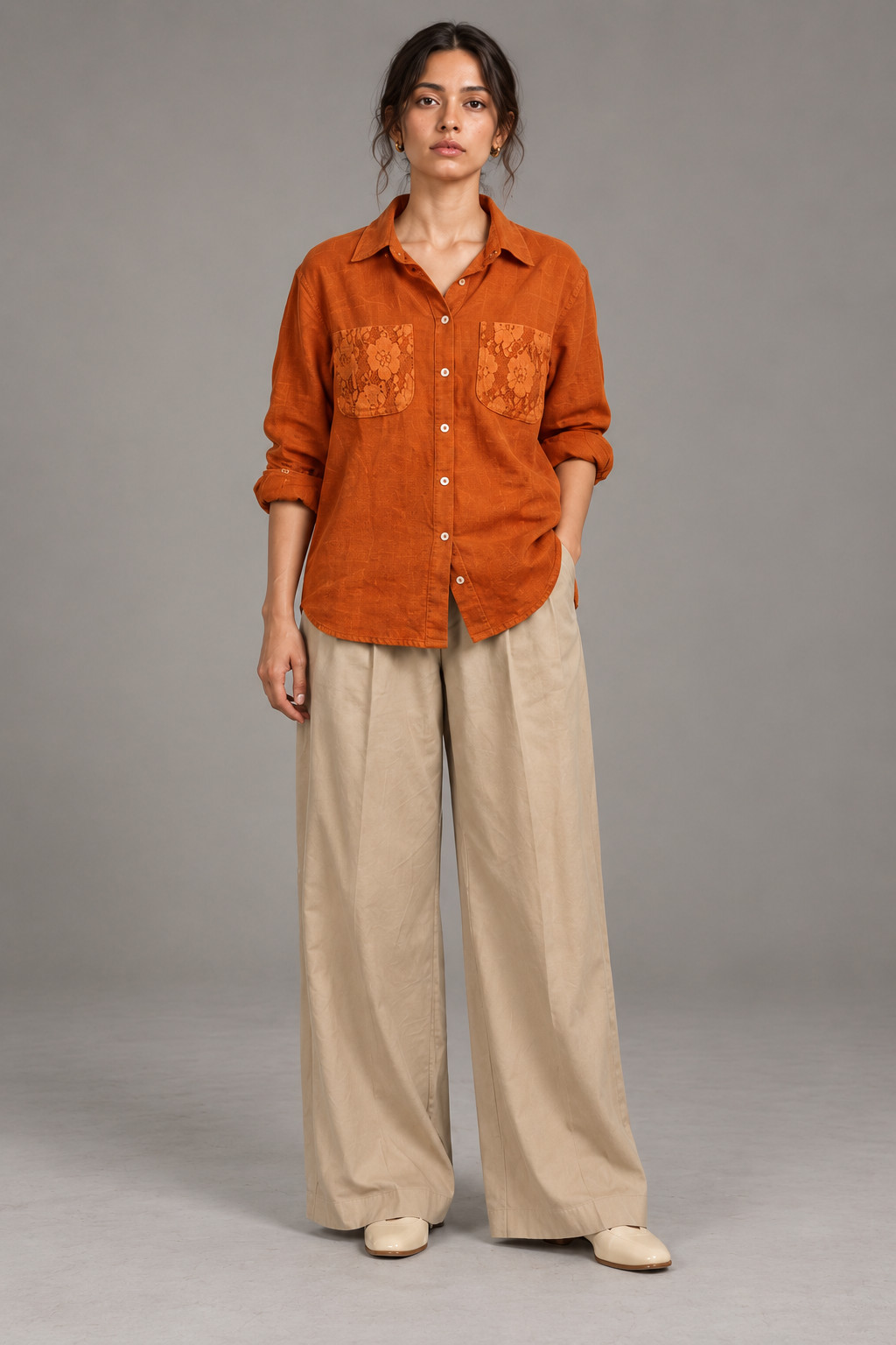 Rust Orange Lace Pocket Linen Shirt for Women
