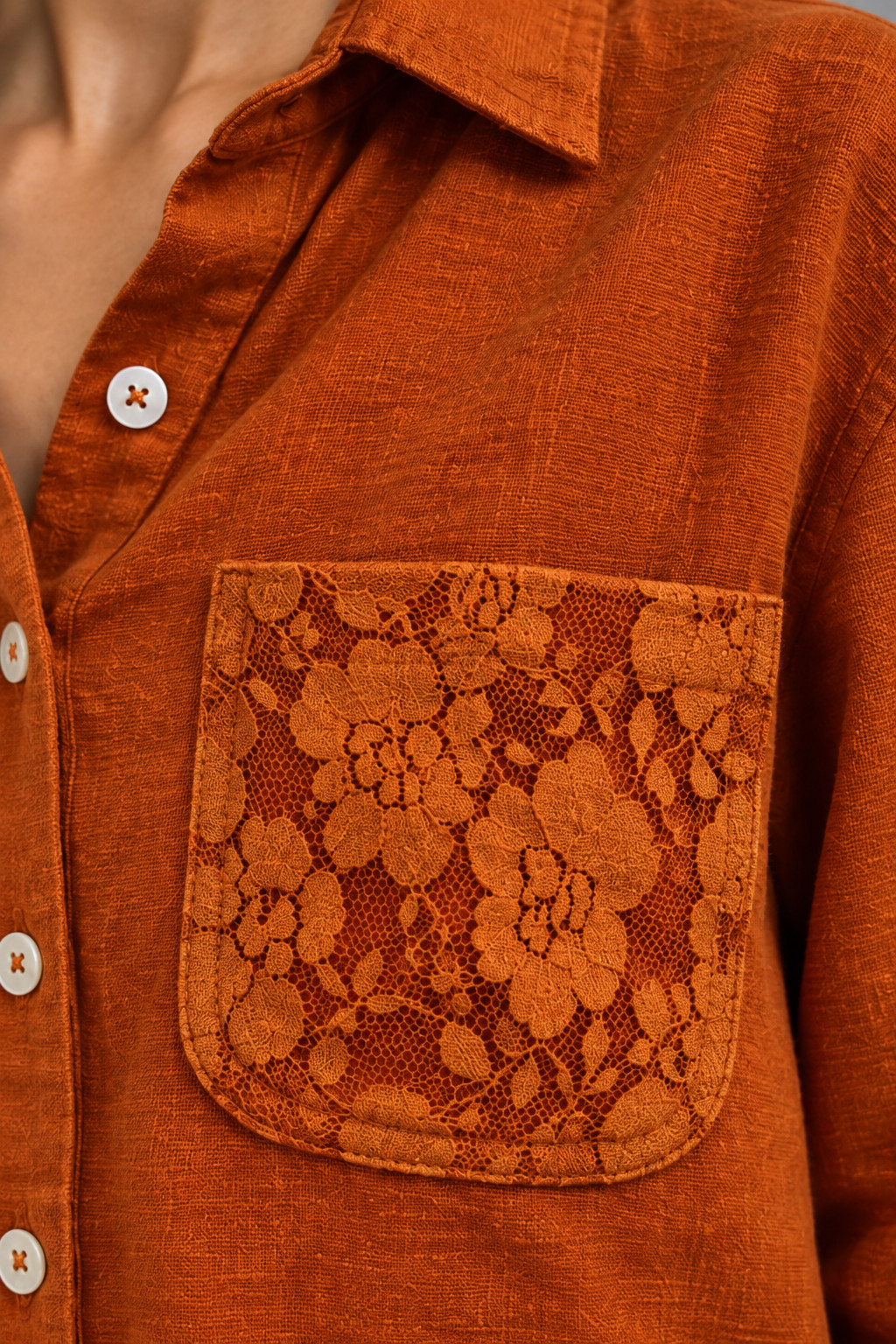 Rust Orange Lace Pocket Linen Shirt for Women view 2