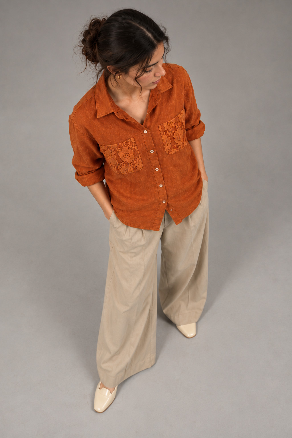Rust Orange Lace Pocket Linen Shirt for Women view 3