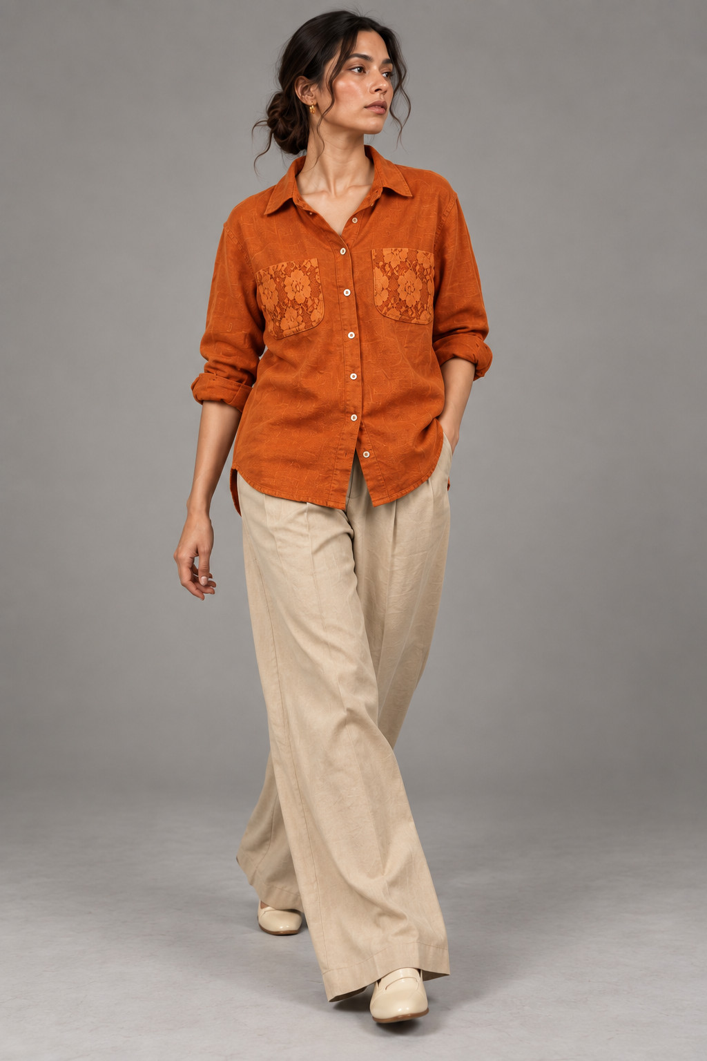Rust Orange Lace Pocket Linen Shirt for Women view 4