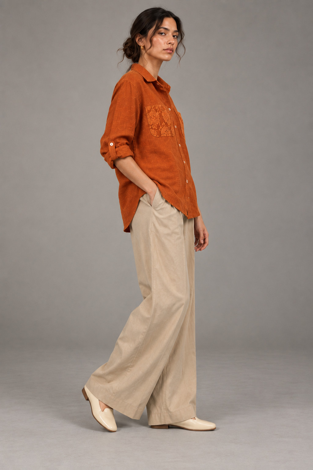 Rust Orange Lace Pocket Linen Shirt for Women view 5