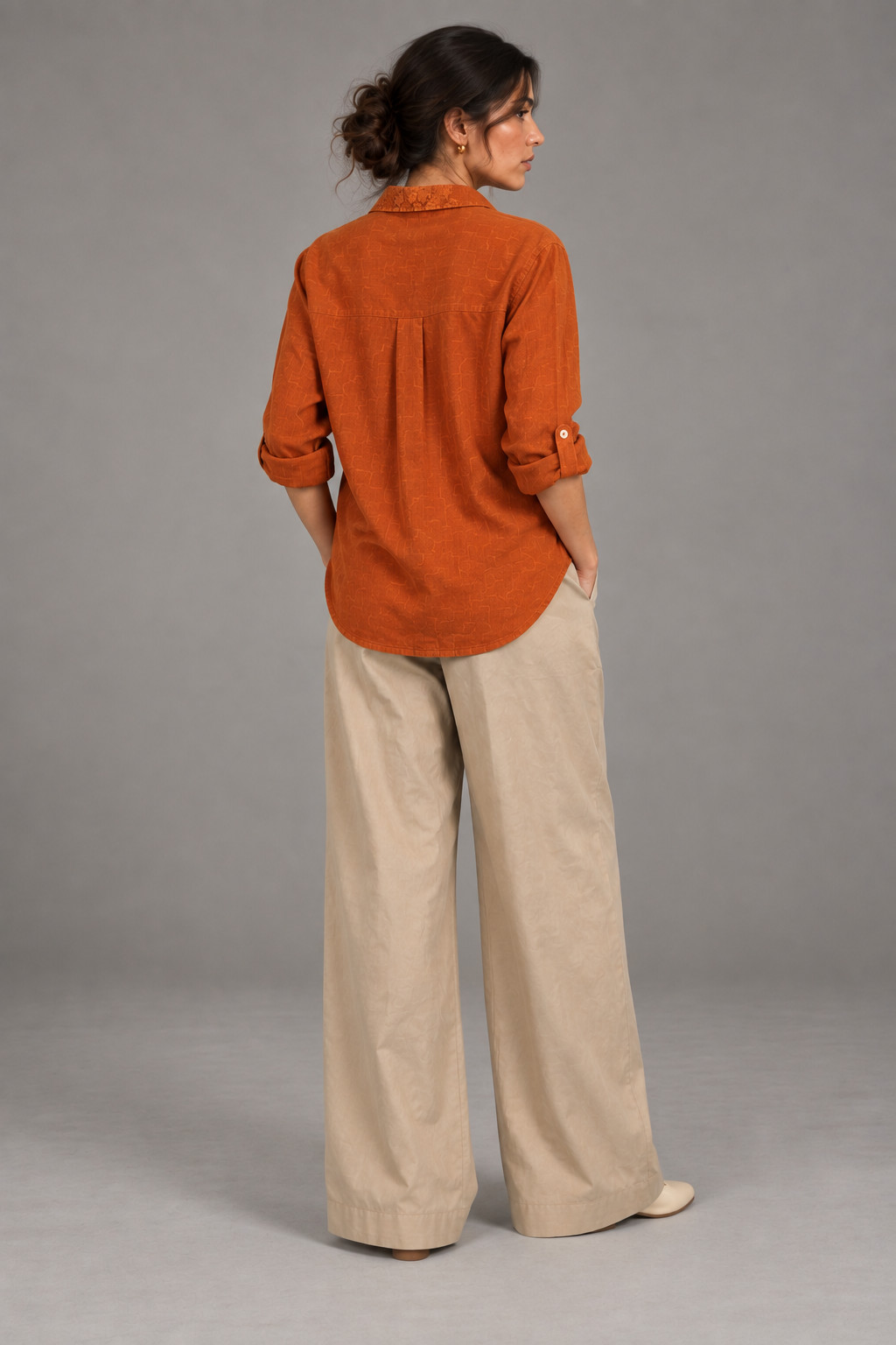 Rust Orange Lace Pocket Linen Shirt for Women view 6