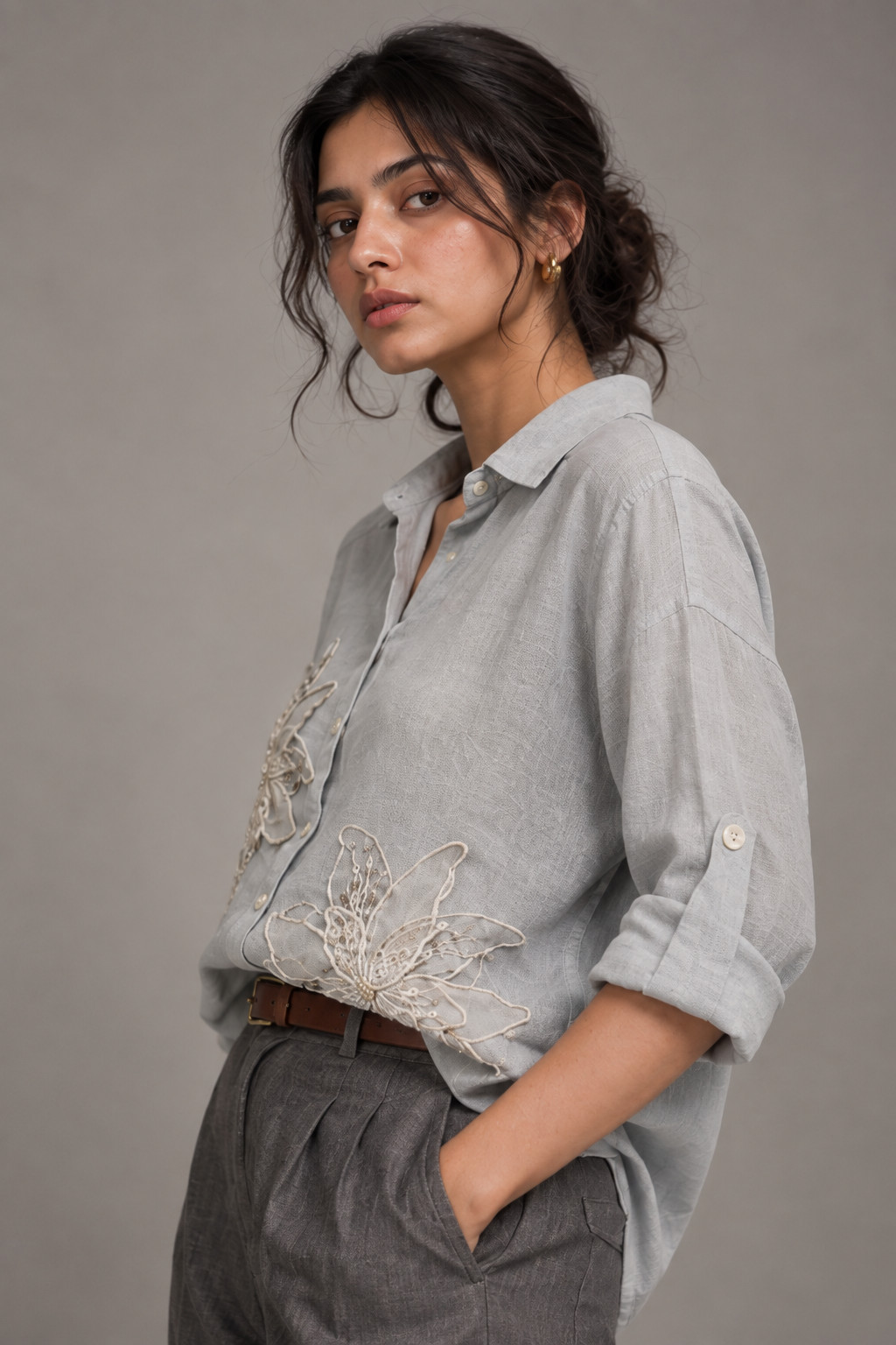 Sky Blue 3D Embroidered Linen Shirt for Women