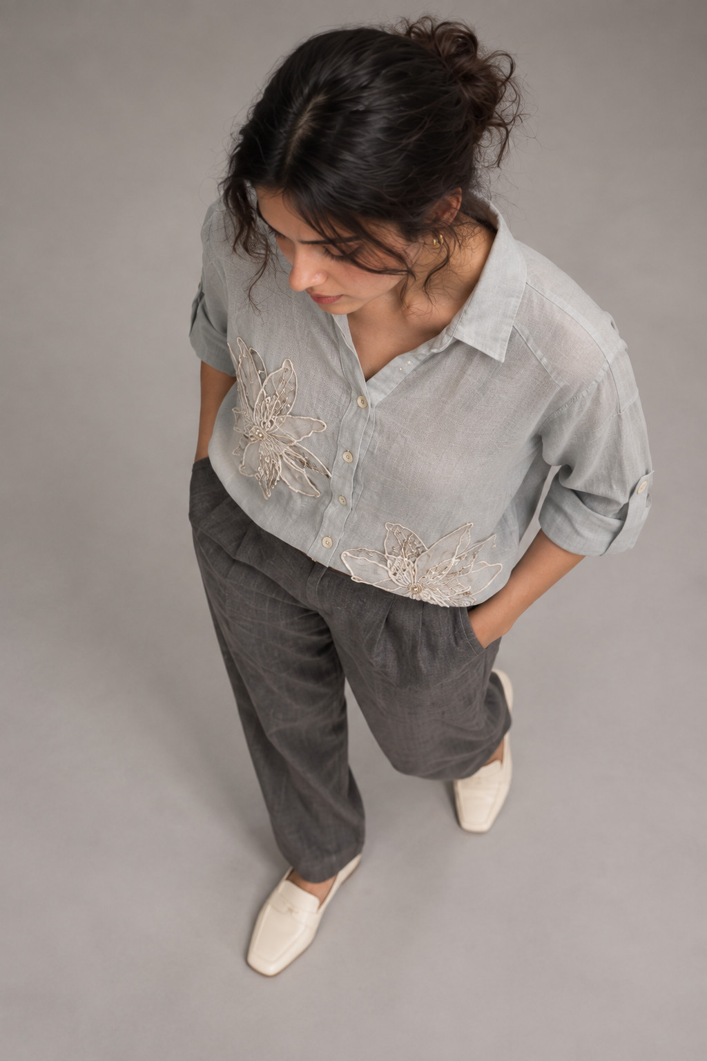 Sky Blue 3D Embroidered Linen Shirt for Women view 2