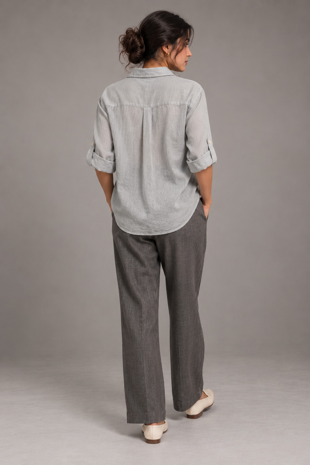 Sky Blue 3D Embroidered Linen Shirt for Women view 3