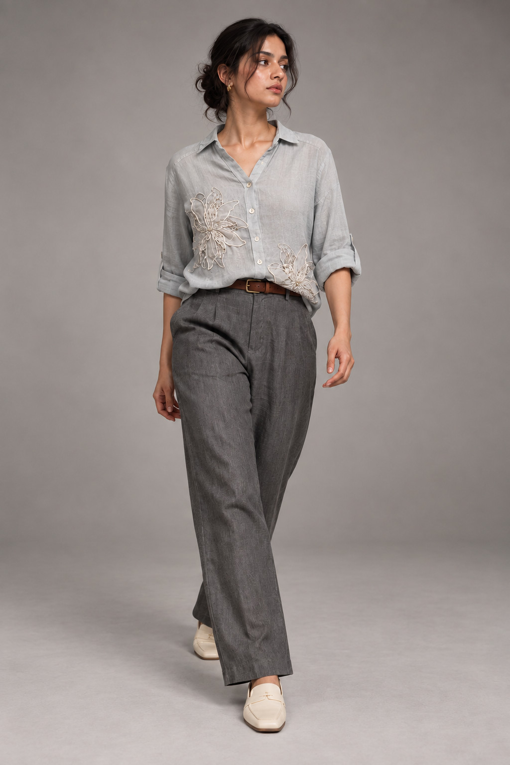 Sky Blue 3D Embroidered Linen Shirt for Women view 4