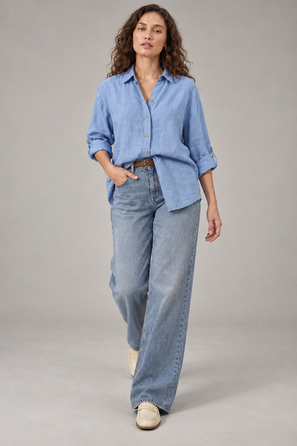 Sky Blue Long Sleeve Linen Shirt for Women