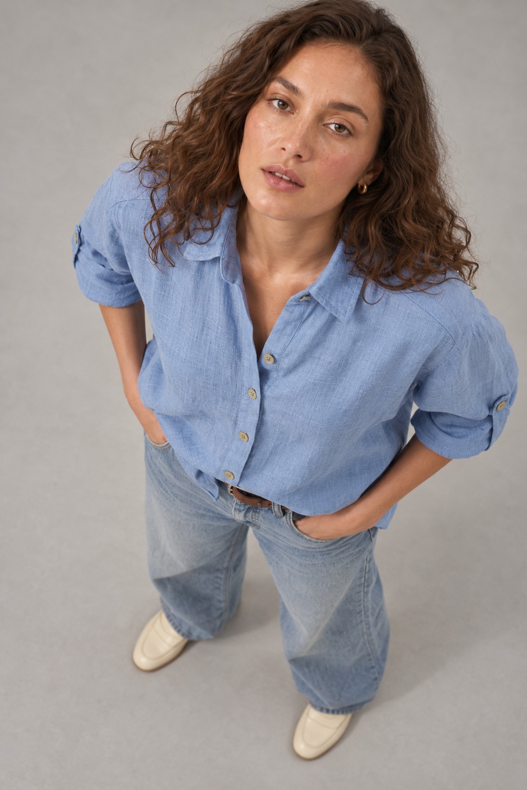 Sky Blue Long Sleeve Linen Shirt for Women view 2
