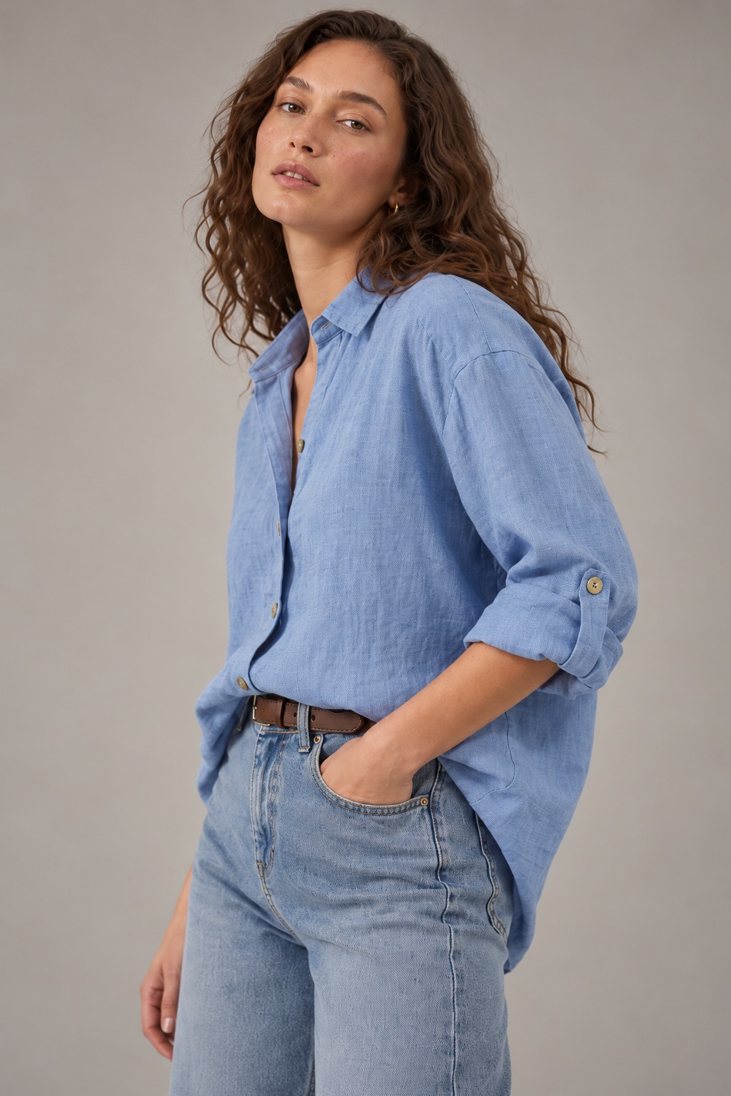 Sky Blue Long Sleeve Linen Shirt for Women view 3