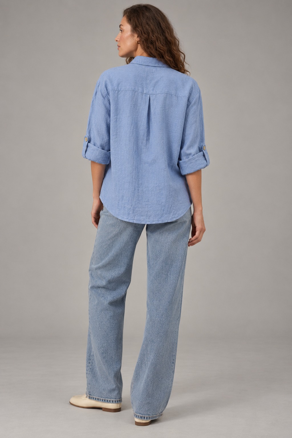 Sky Blue Long Sleeve Linen Shirt for Women view 4