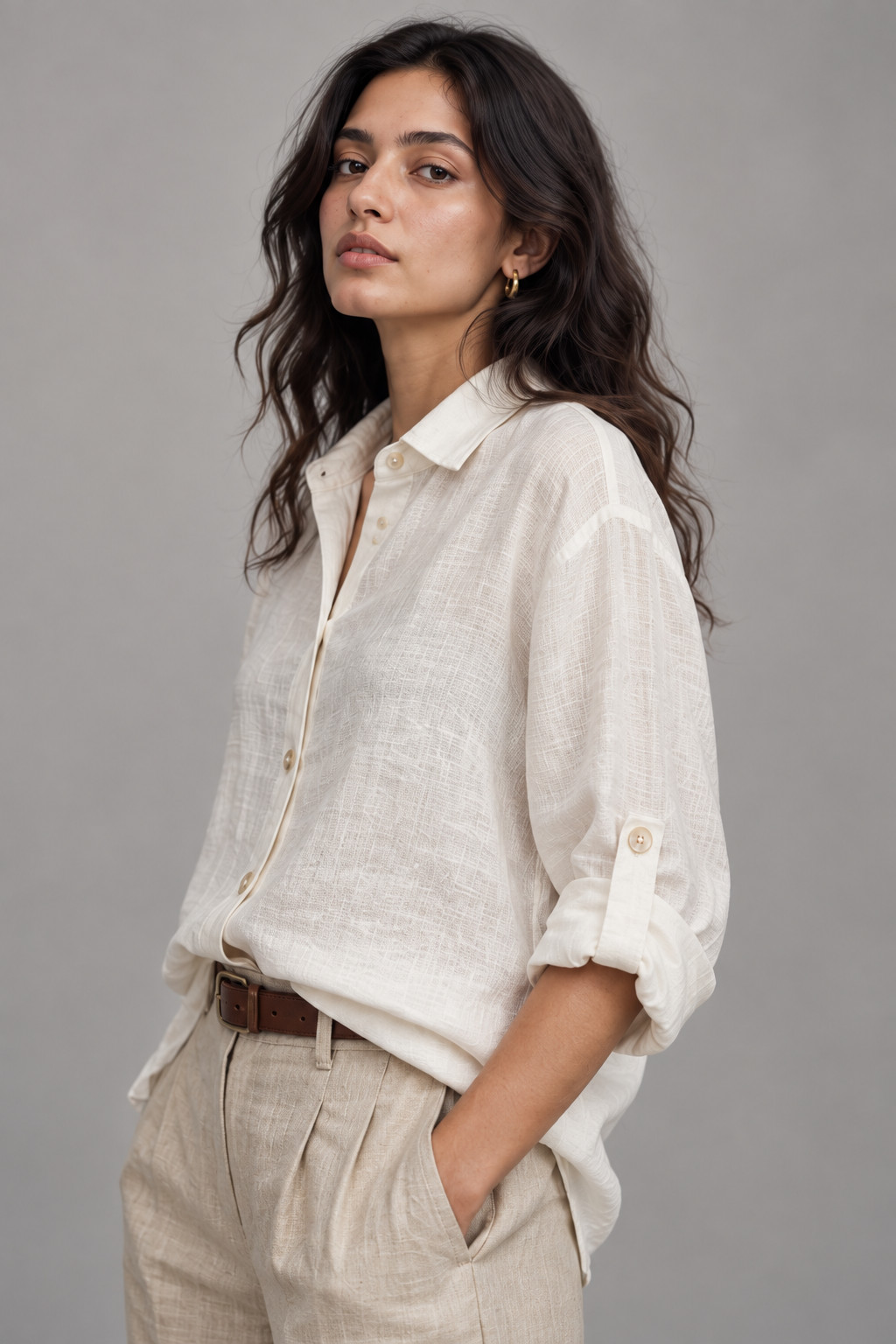White Button-Down Linen Shirt for Women view 2