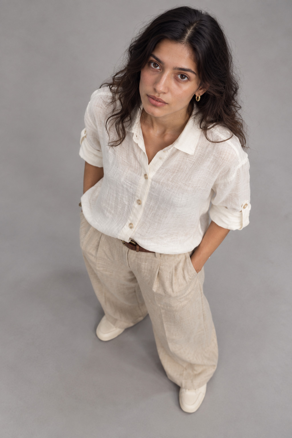 White Button-Down Linen Shirt for Women view 3