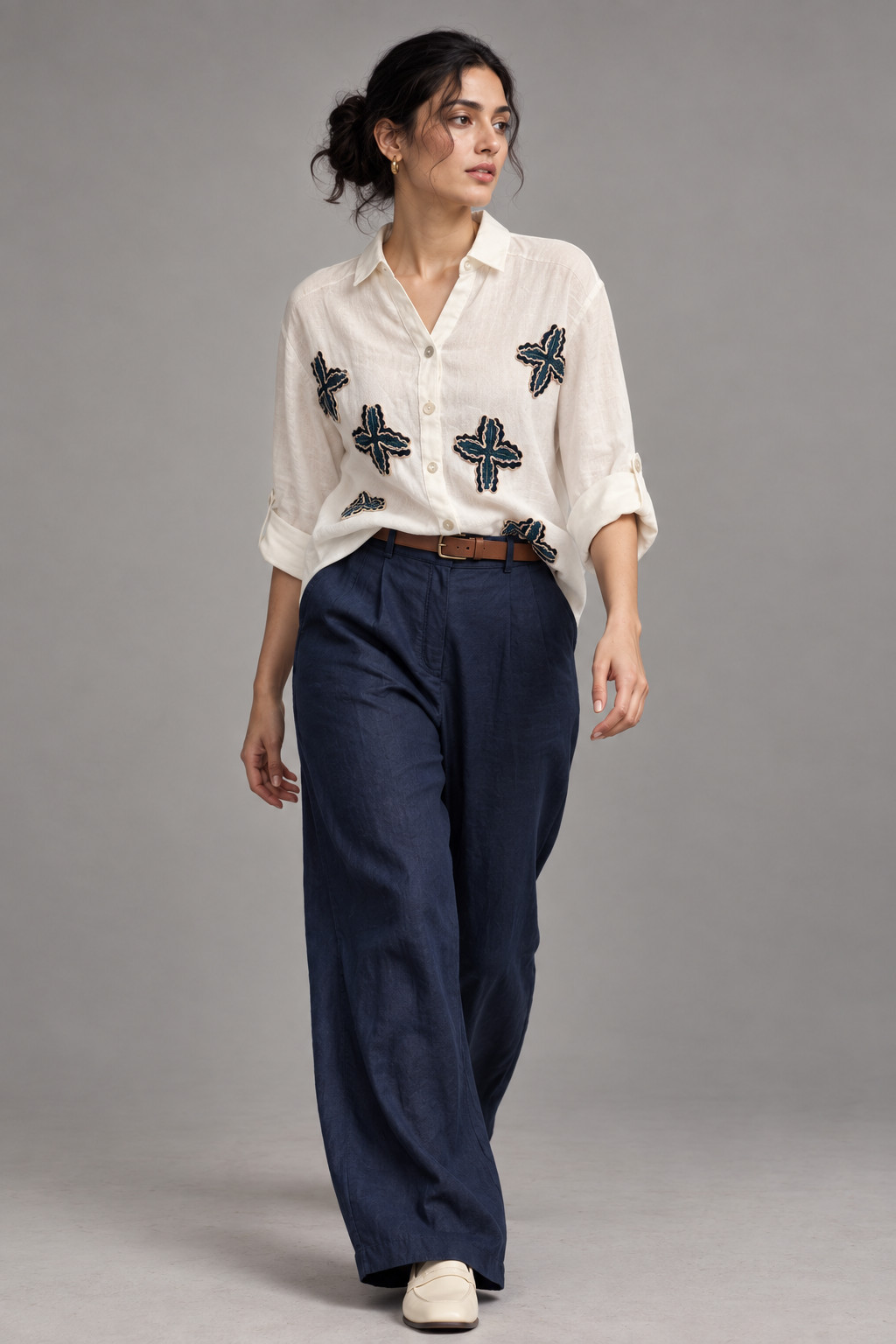 White Linen Shirt with Blue Embroidery for Women view 2