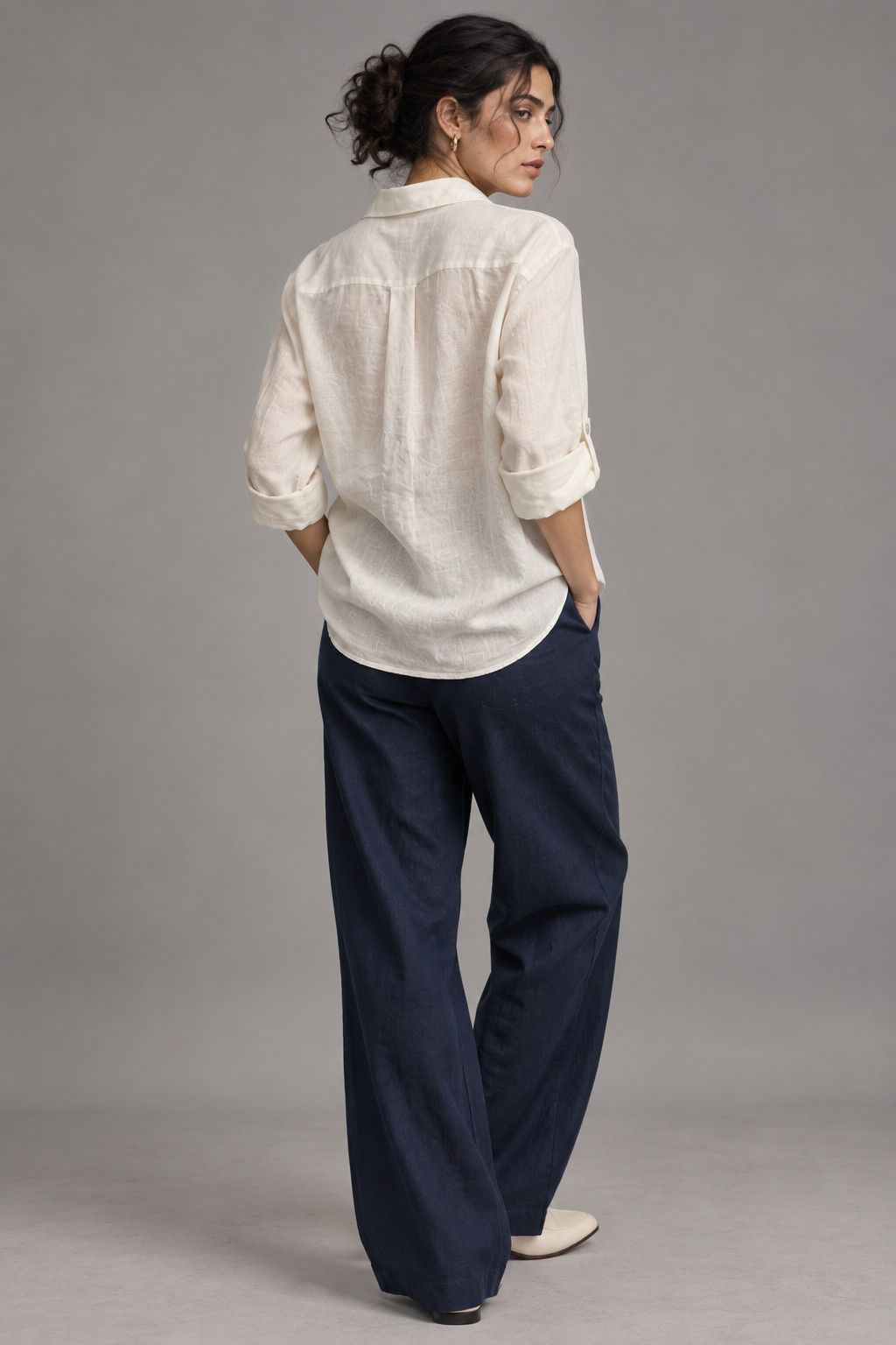 White Linen Shirt with Blue Embroidery for Women view 3