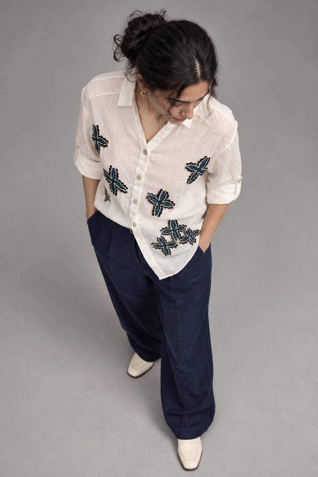 White Linen Shirt with Blue Embroidery for Women view 4