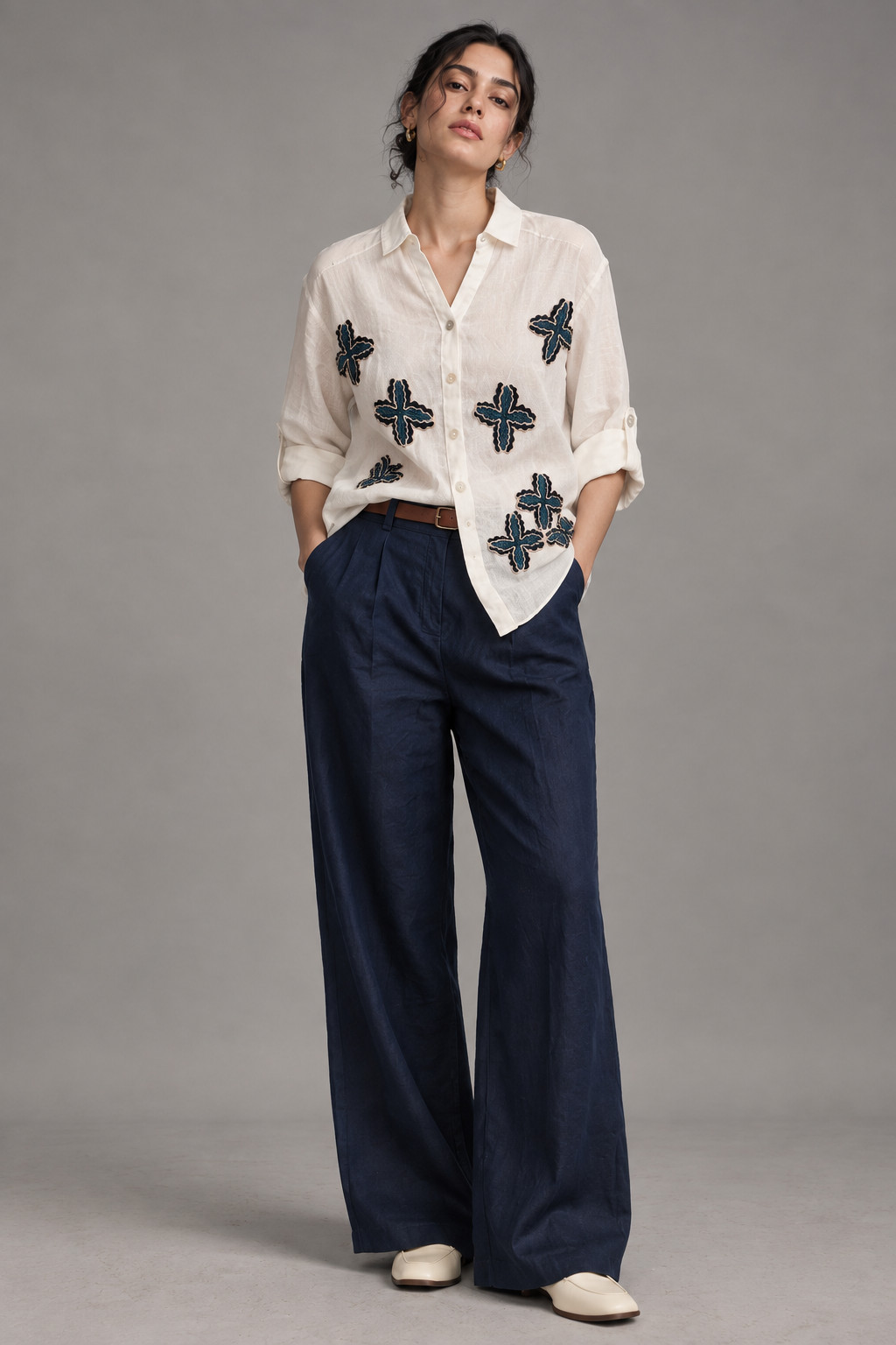 White Linen Shirt with Blue Embroidery for Women view 5