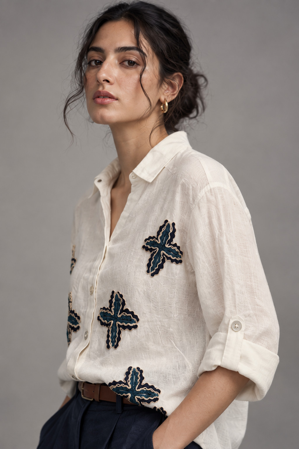 White Linen Shirt with Blue Embroidery for Women view 6