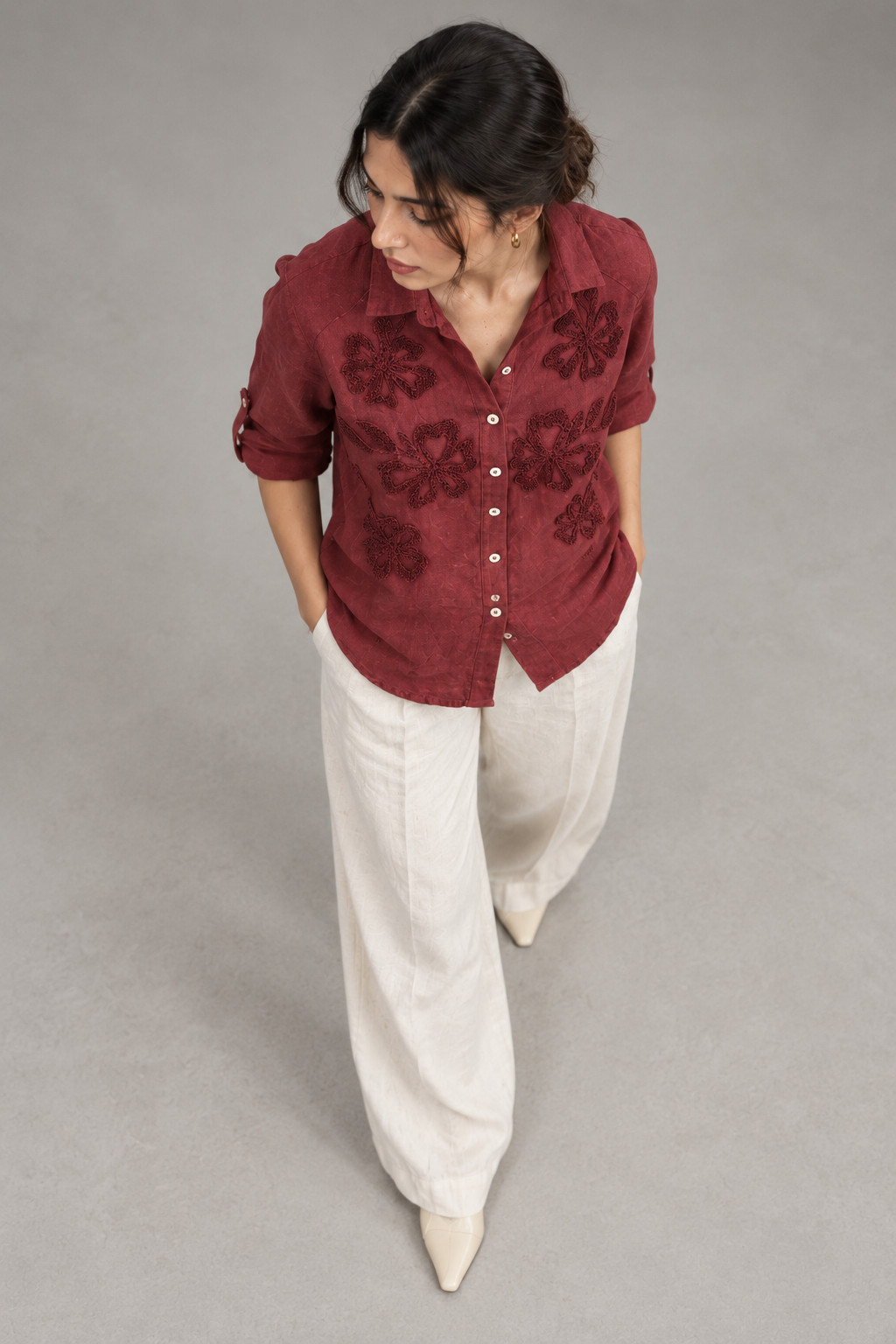 Wine Floral Embroidered Linen Shirt for Women