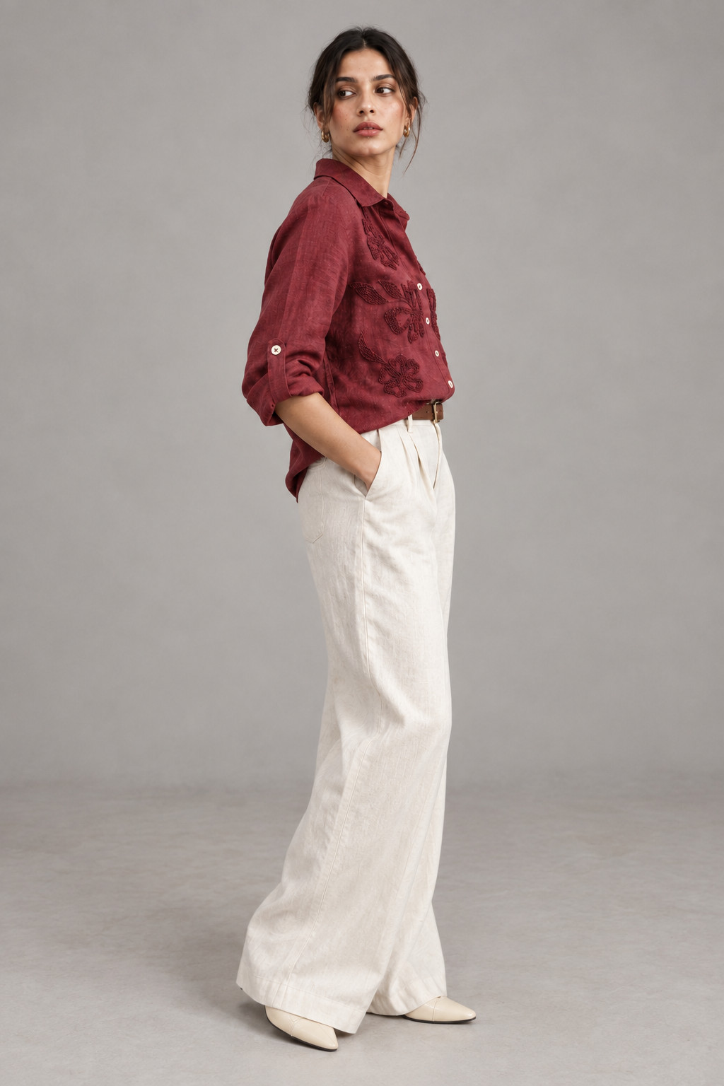 Wine Floral Embroidered Linen Shirt for Women view 2