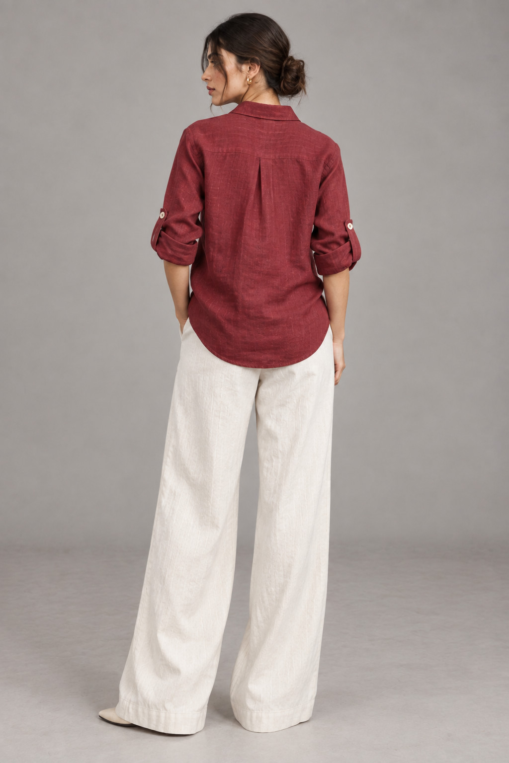 Wine Floral Embroidered Linen Shirt for Women view 3