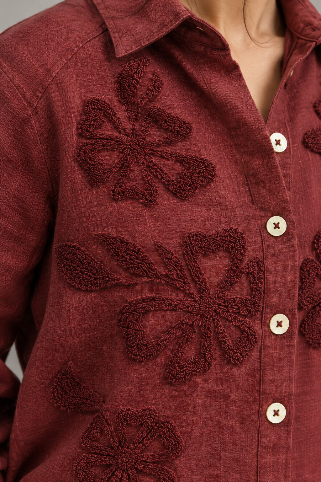 Wine Floral Embroidered Linen Shirt for Women view 4