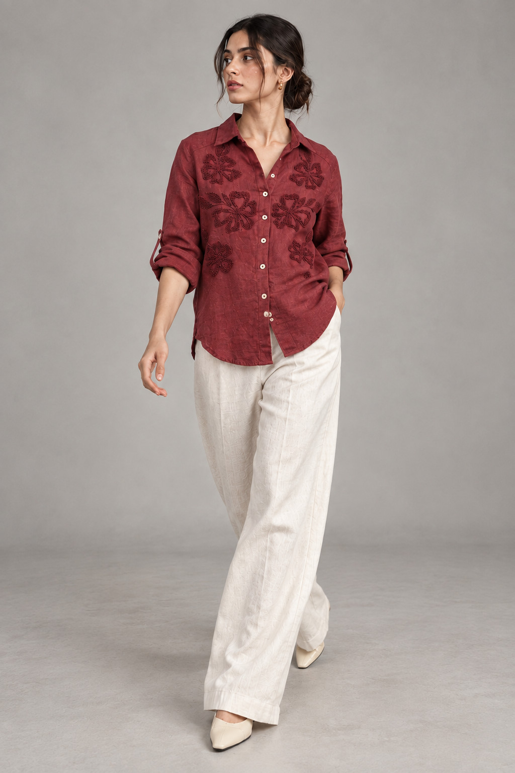 Wine Floral Embroidered Linen Shirt for Women view 5