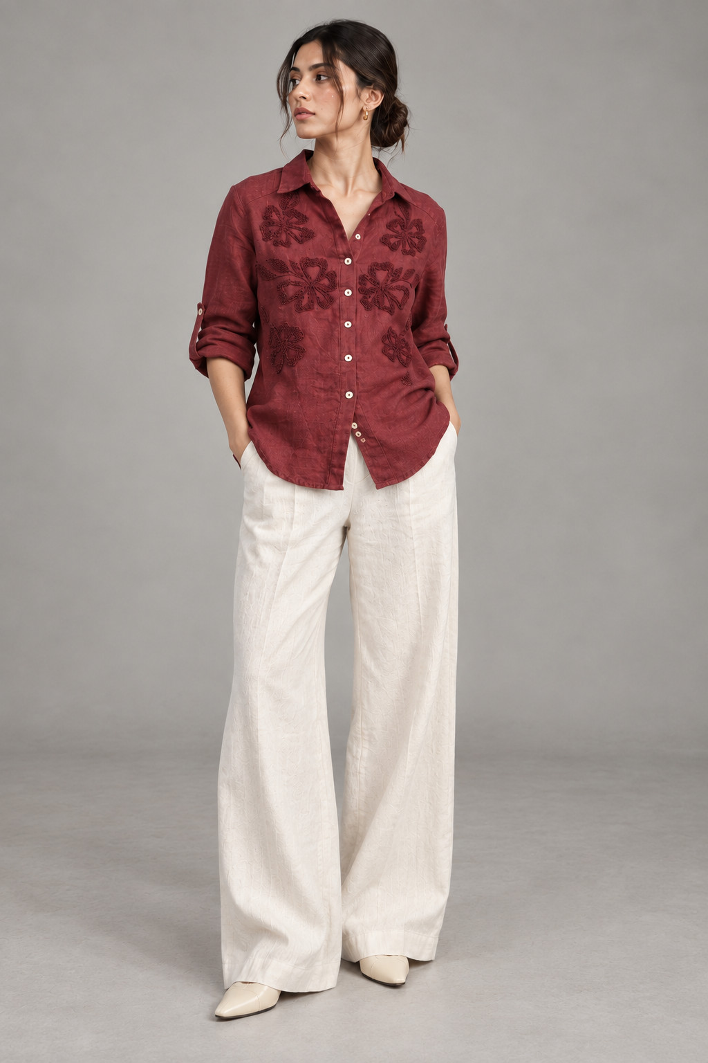 Wine Floral Embroidered Linen Shirt for Women view 6